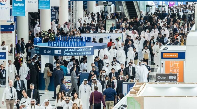 Custom-designed exhibition booth at ADIPEC 2025 in Abu Dhabi by ExhibitStandBuilder.
