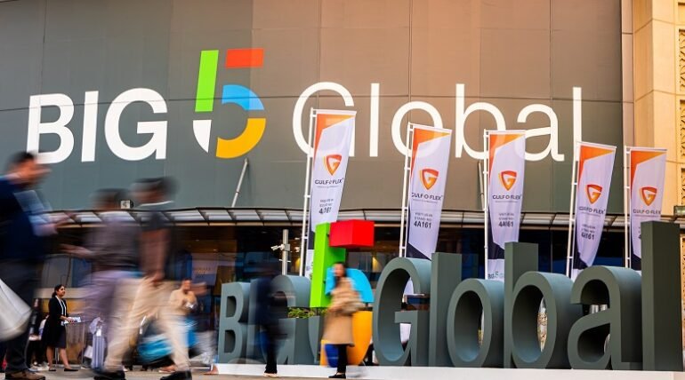 Custom-designed exhibition booth at Big 5 Global 2025 in Dubai by ExhibitStandBuilder.
