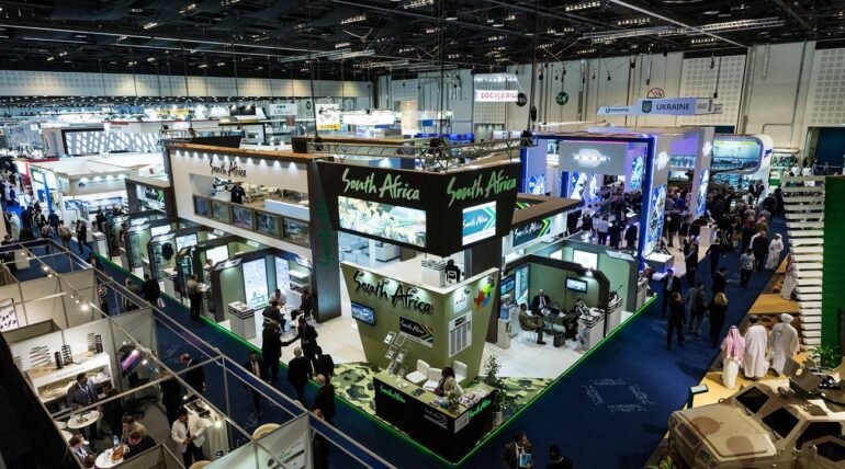Custom-designed exhibition booth at IDEX 2027 in Abu Dhabi by ExhibitStandBuilder.