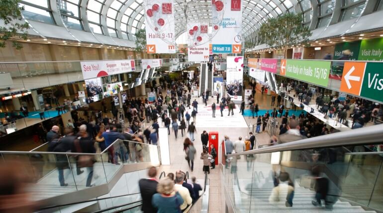 Custom-designed exhibition booth at ProWein 2026 in Düsseldorf by ExhibitStandBuilder.