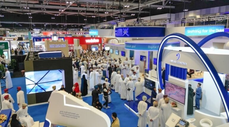 Custom-designed exhibition booth at COMEX 2025 in Muscat by ExhibitStandBuilder.