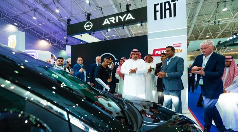 Custom-designed exhibition booth at EV Auto Show 2025 in Riyadh by ExhibitStandBuilder.
