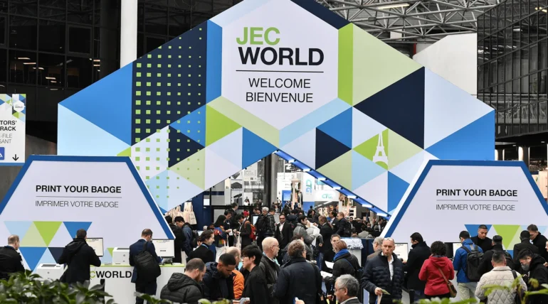 Custom-designed exhibition booth at JEC World 2026 in Paris by ExhibitStandBuilder.