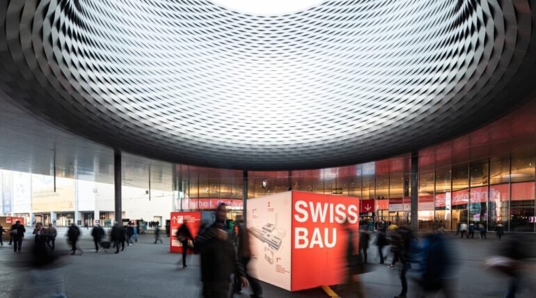 Custom-designed exhibition booth at Swissbau 2026 in Basel by ExhibitStandBuilder