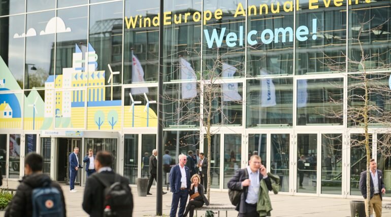 Wind turbine booth at WindEurope Madrid 2026 by ExhibitStandBuilder