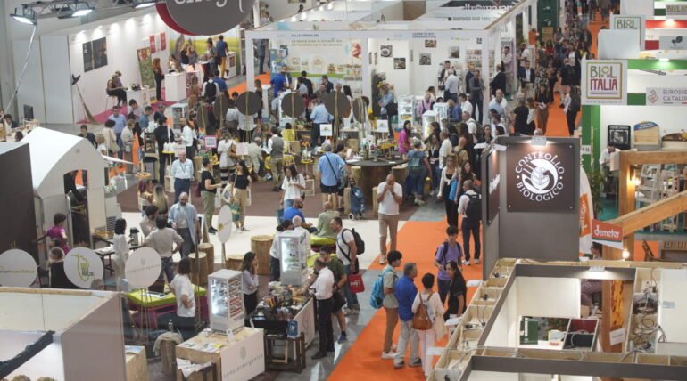 Organic food booth at SANA Food Bologna 2026 by ExhibitStandBuilder